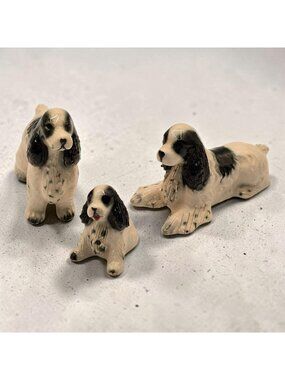 Set Of 3 Ceramic Cocker Spaniel Dog Figurines Hand-Painted Black & White Vintage